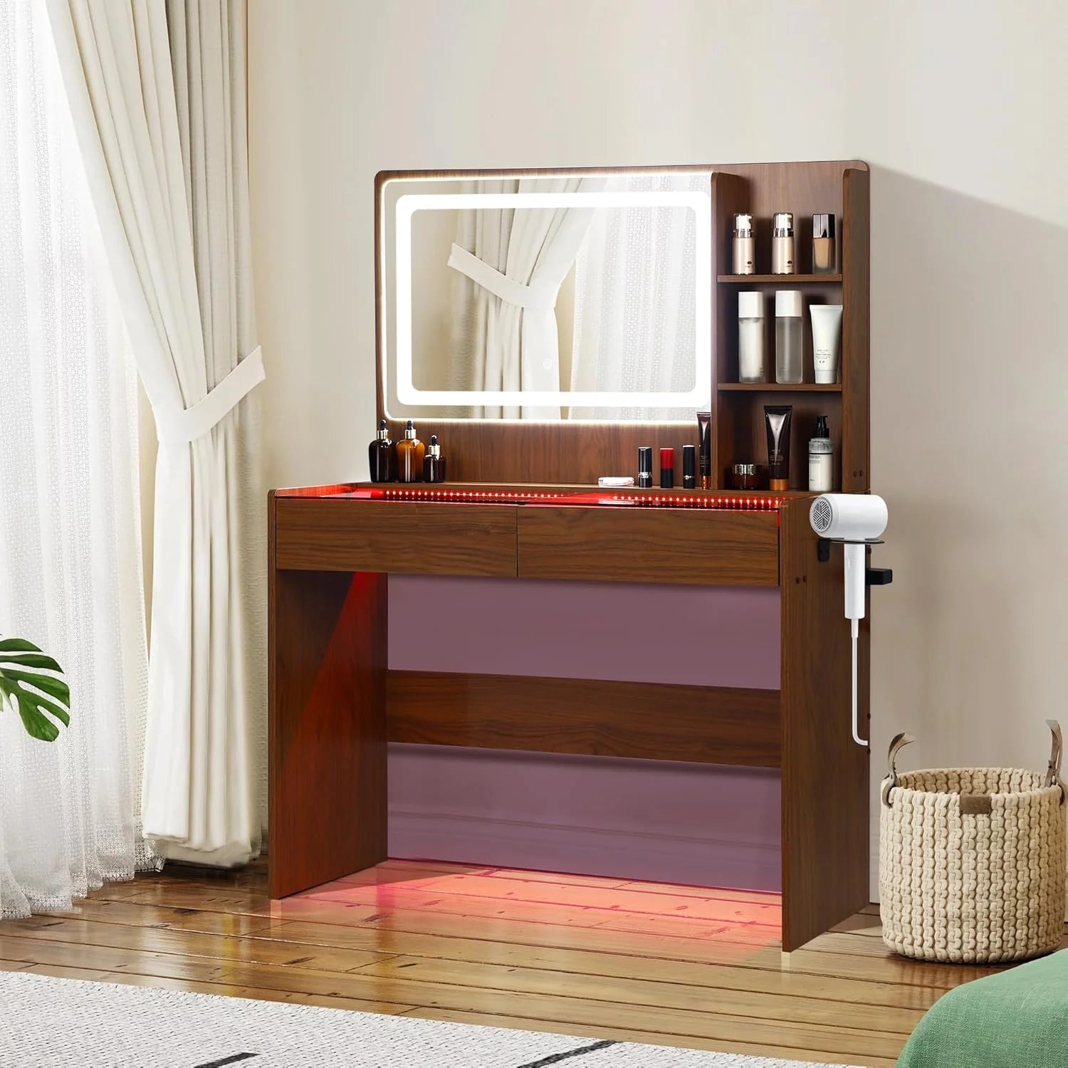 Vanity Desk,Transparent Desktop,Multiple Color Ambient Lights,with Mirror