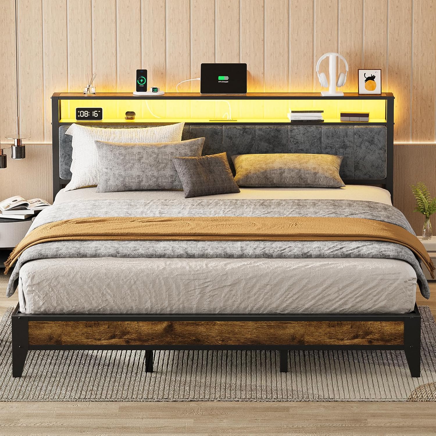 OLEVS Single Bed Frame LED Light Storage Headboard Type C Charging Station Metal Platform Bed
