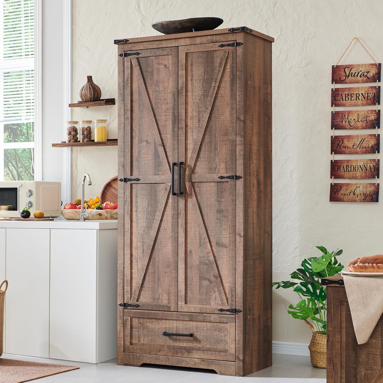 JXQTLINGMU Farmhouse Kitchen Pantry 72 Tall Wood Kitchen Storage Cabinet Adjustable Shelves