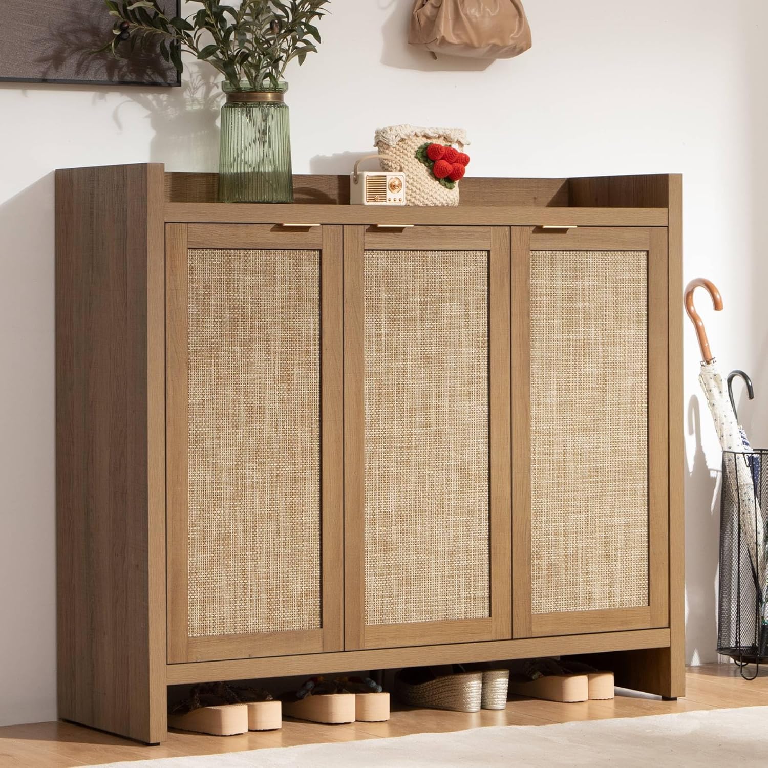 SICOTAS Shoe Storage Cabinet, 30 Pairs Rattan Shoe Cabinet Storage for Entryway