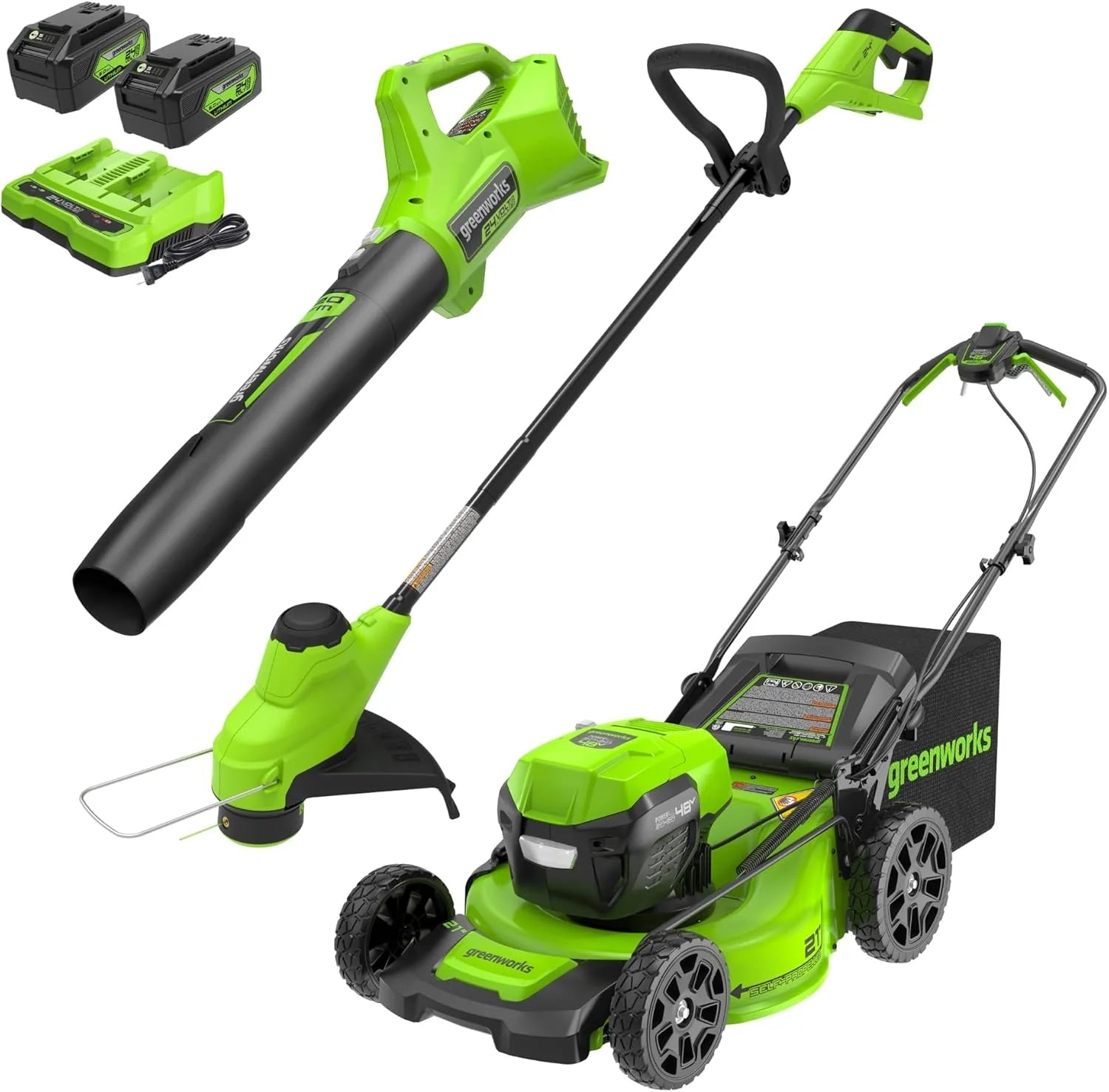 Greenworks 48V (24V x 2) 21 Brushless Self-Propelled Mower+12 String Trimmer+320CFM
