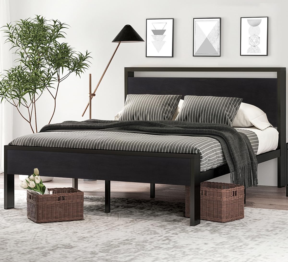 SHA CERLIN 14 Inch Full Size Metal Platform Bed Frame with Wooden Headboard and Footboard
