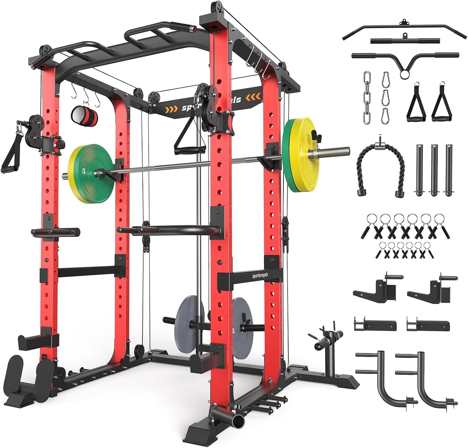 Sportsroyals Squat Rack, LAT Power Cage, Power Rack Multi-Function with Pulley System