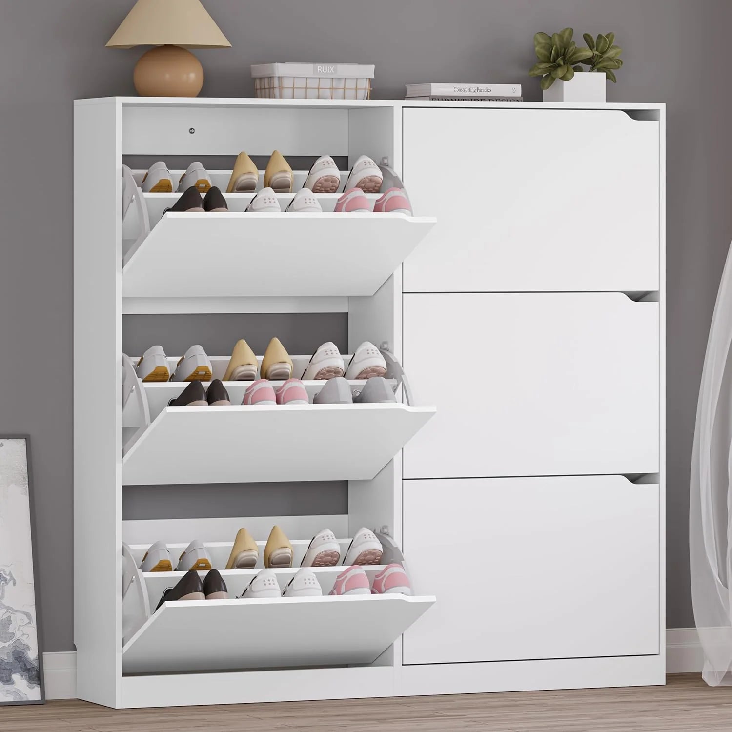 Shoe Cabinet with 3 Flip Drawers Hidden Wood Shoe Cabinet Freestanding Shoe Storage Cabinet