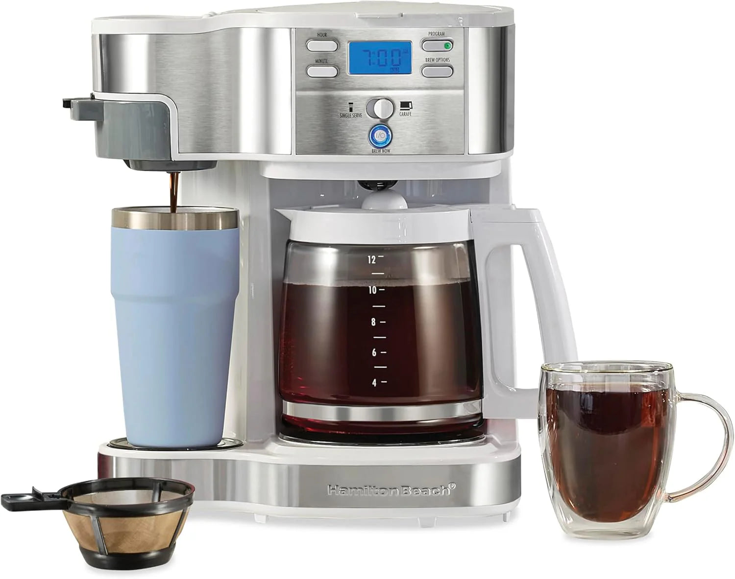 Hamilton Beach 2-Way Programmable Coffee Maker, 12 Cup Glass Carafe And Single Serve Coffee Maker, Black with Stainless Steel Accents, 49980RG