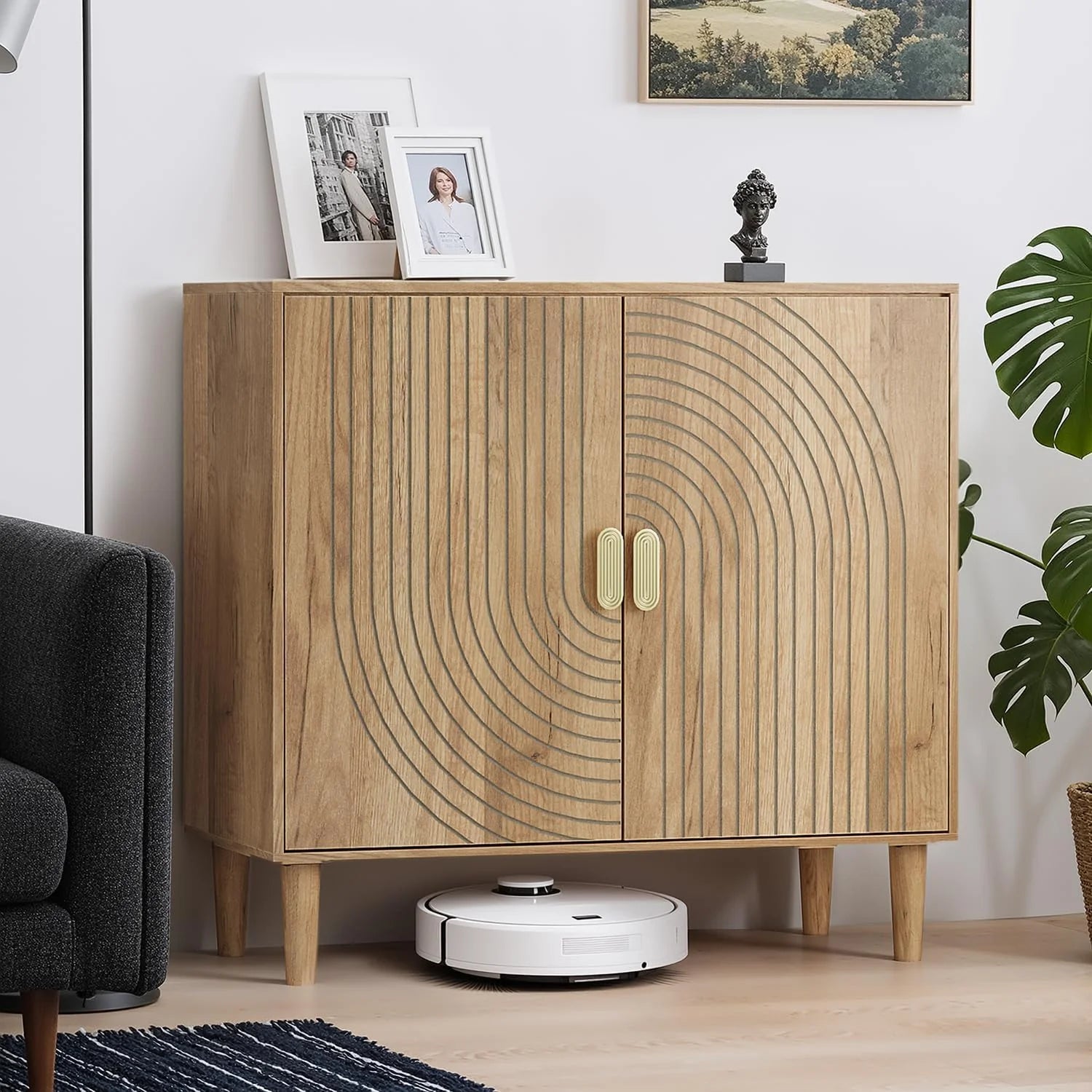 Smuxee Walnut Sideboard Cabinet Freestanding Buffet Cabinet Line Groove Design Wood Storage Cabinet