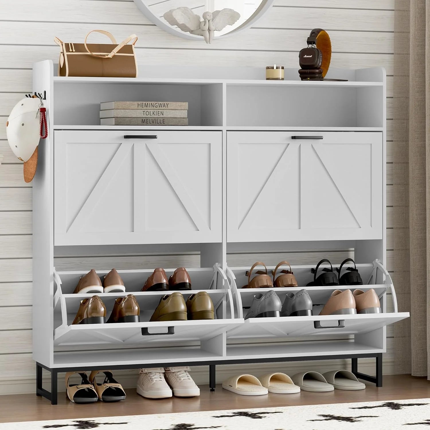 Shoe Cabinet with 2 Flip Drawers Narrow Shoe Storage Cabinet Organizer Wooden Freestanding Rack