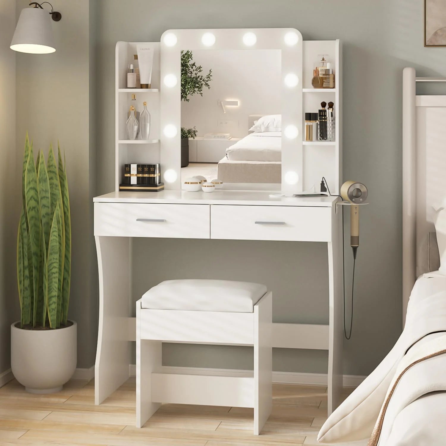 Vabches Vanity Desk with Lights,Makeup Vanity with Power Strip,Dressing Table Set