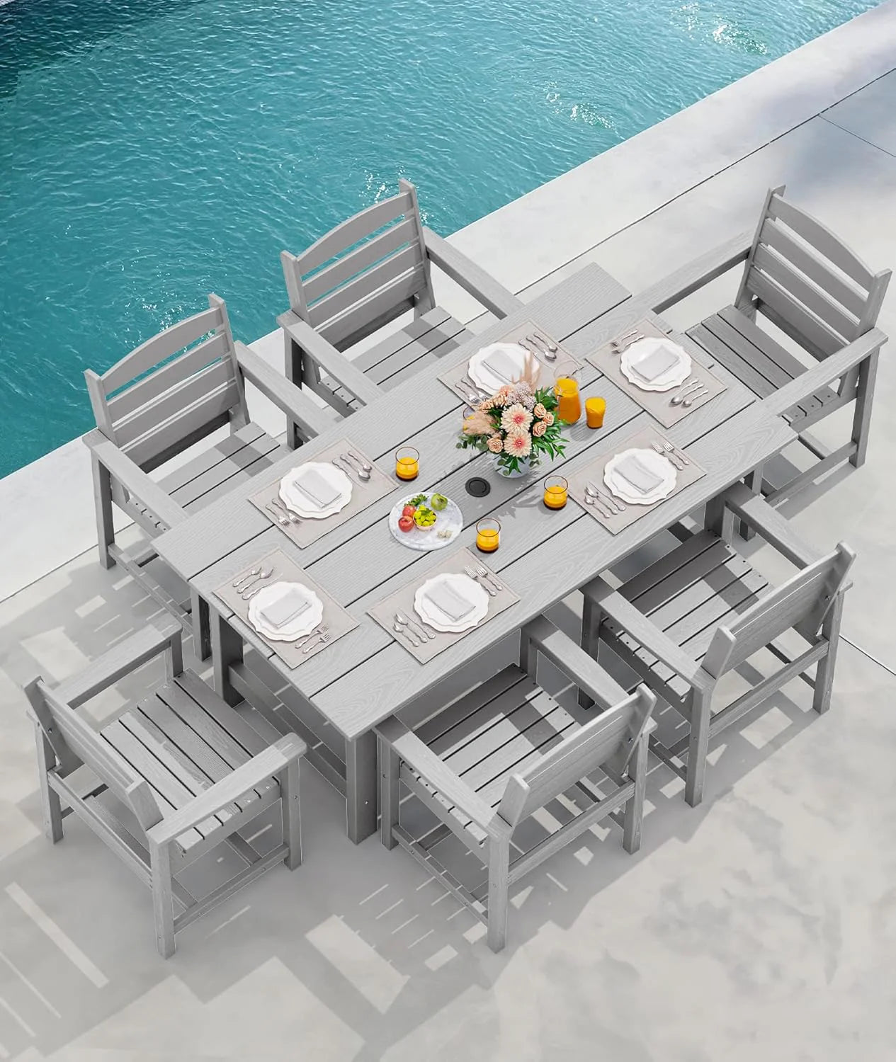 SERWALL 7-Piece Patio Dining Table Sets, Outdoor HDPE Dining Furniture Set with Umbrella Hole Cut-Out Table and 6 Chairs, Blue