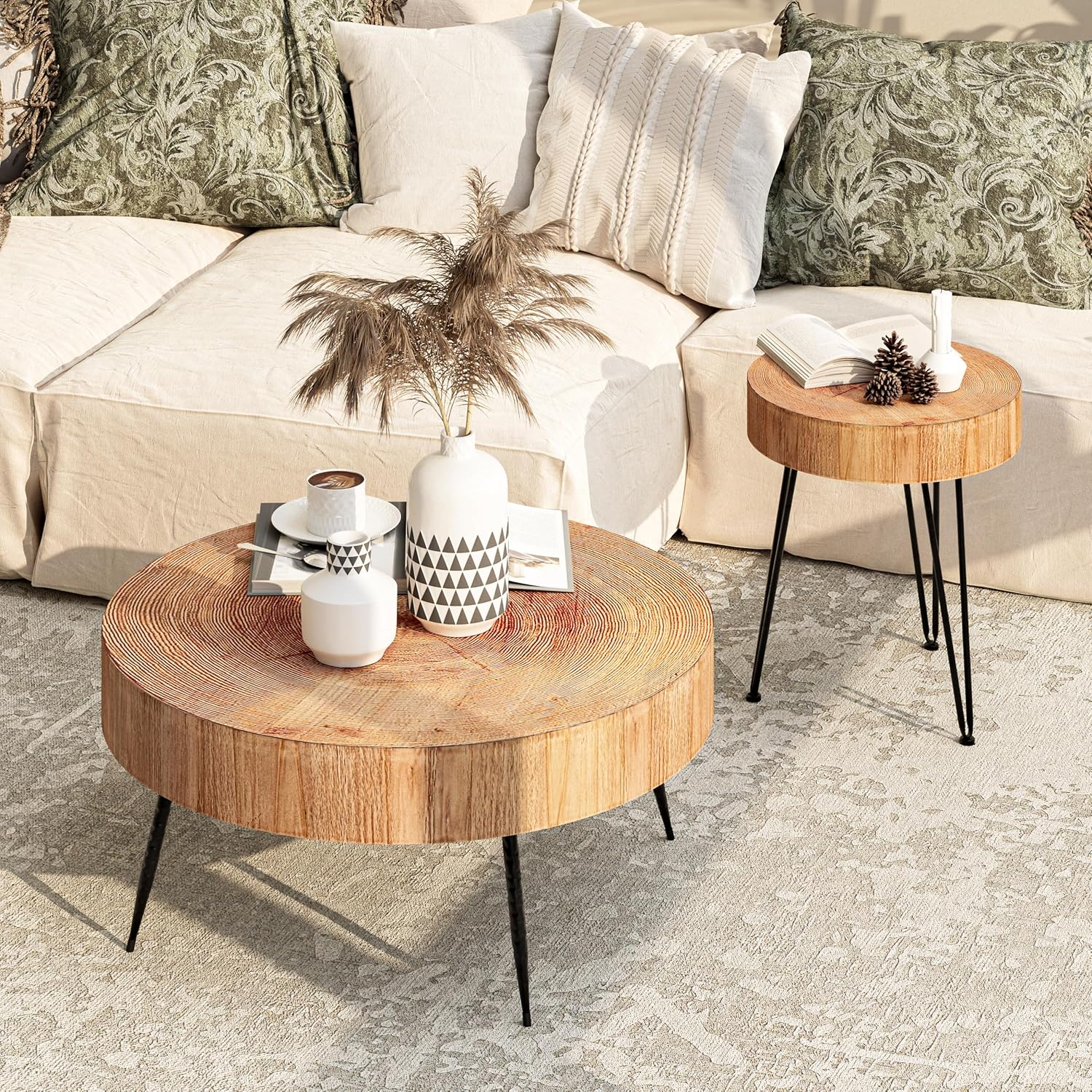 Two-Piece Modern Farmhouse Living Room Coffee Table Set Round Nesting Tables