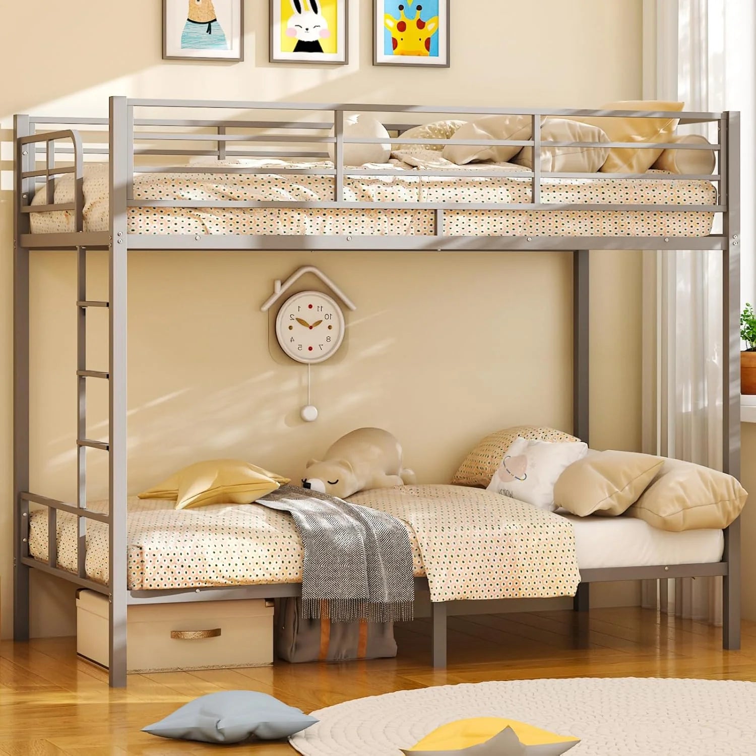 VINGLI Metal Bunk Bed Frame Twin Over Twin with LED Lights Non-Slip Ladder Full Length Guardrail