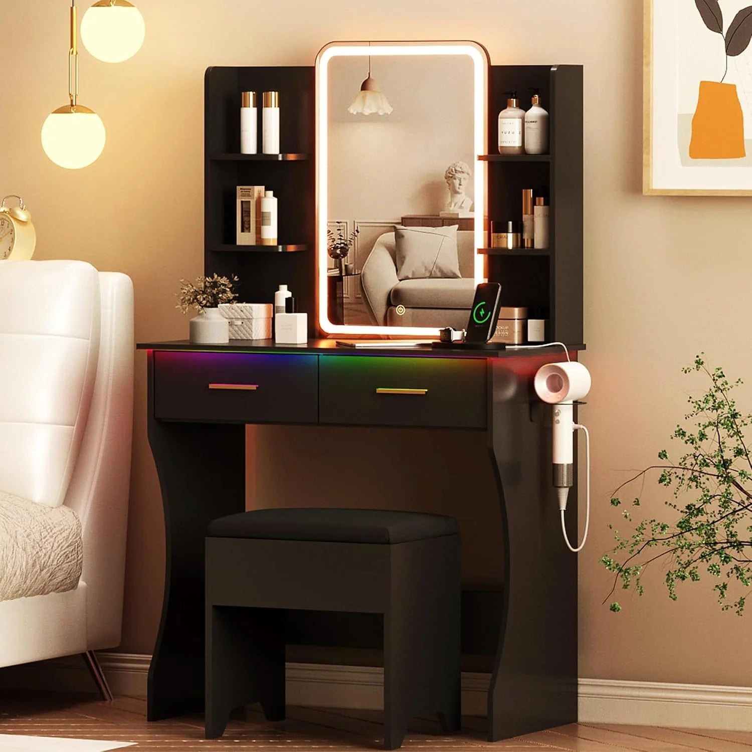 Vanity Desk with LED Lights Mirror & Power Outlet, Small Makeup Vanity Table Set