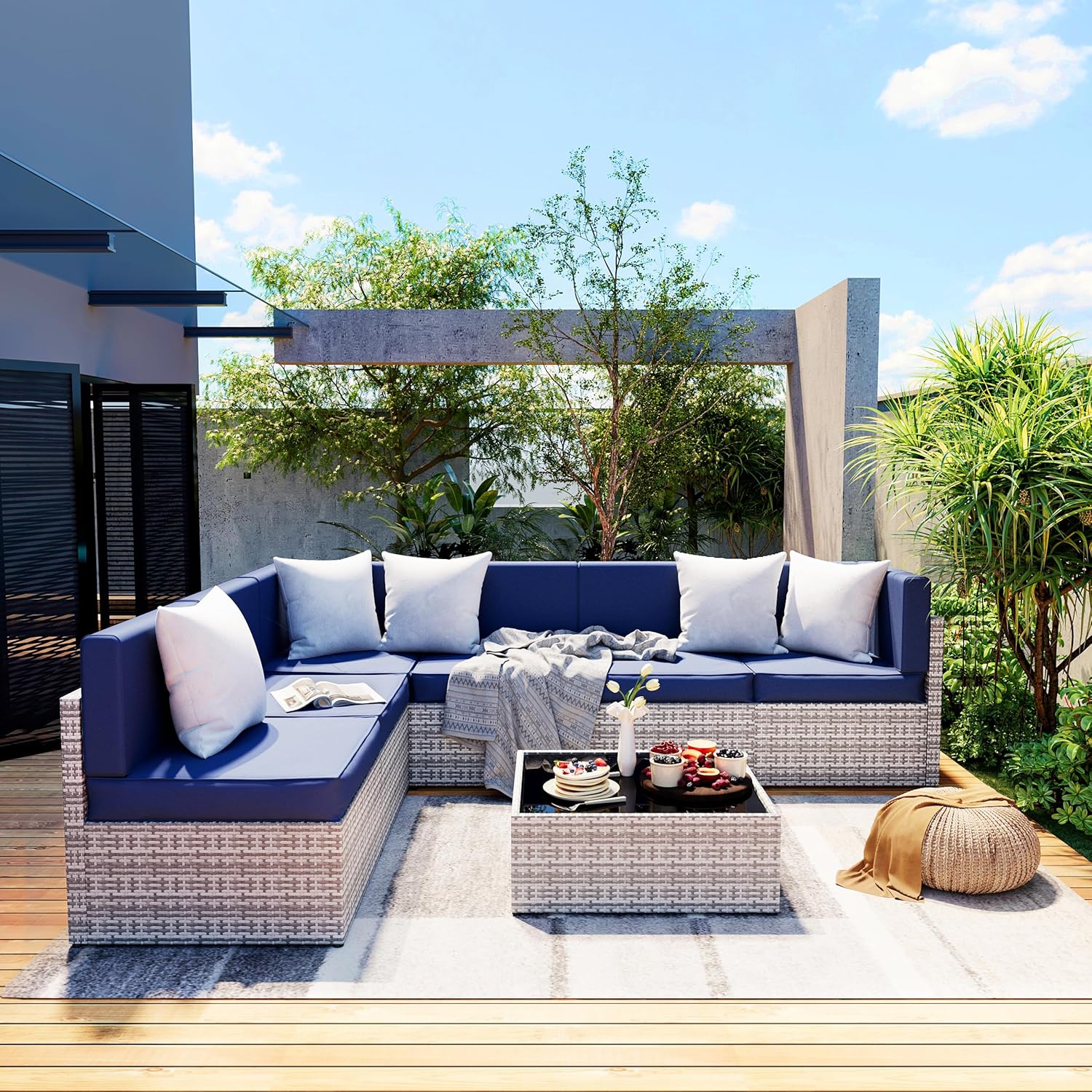 Pamapic 7-Piece Outdoor Sectional Furniture Set, All-Weather Wicker Patio Sofa with Washable Cushions, Gray Waterproof Rattan Conversation Set for Backyard, Poolside, Garden (Gray Cushions)