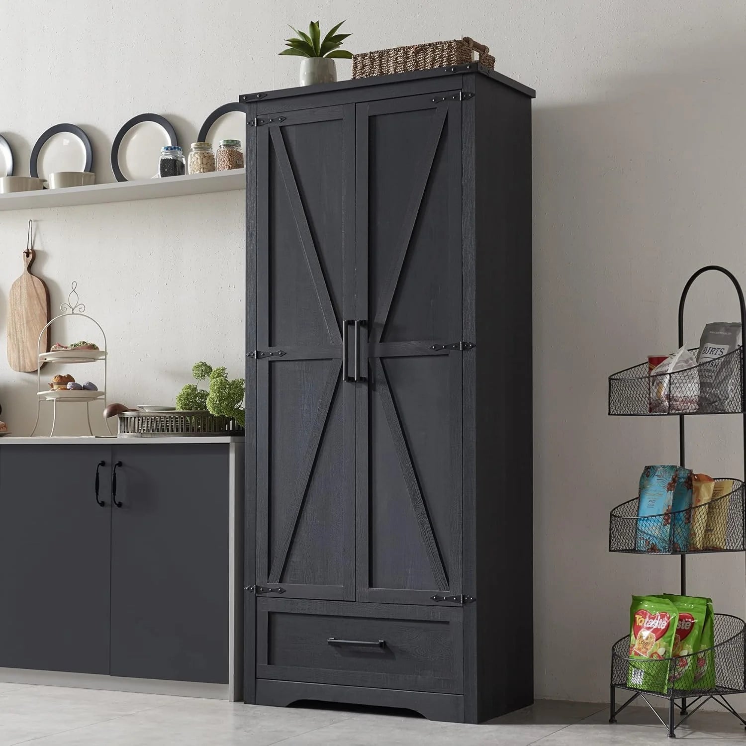 JXQTLINGMU Farmhouse Kitchen Pantry Cabinet - 72 Tall Wood Kitchen Storage Cabinets with Adjustable Shelves & 2 Barn Style Doors & Drawer, Versatile Storage for Dining Room, Bathroom, Antique White