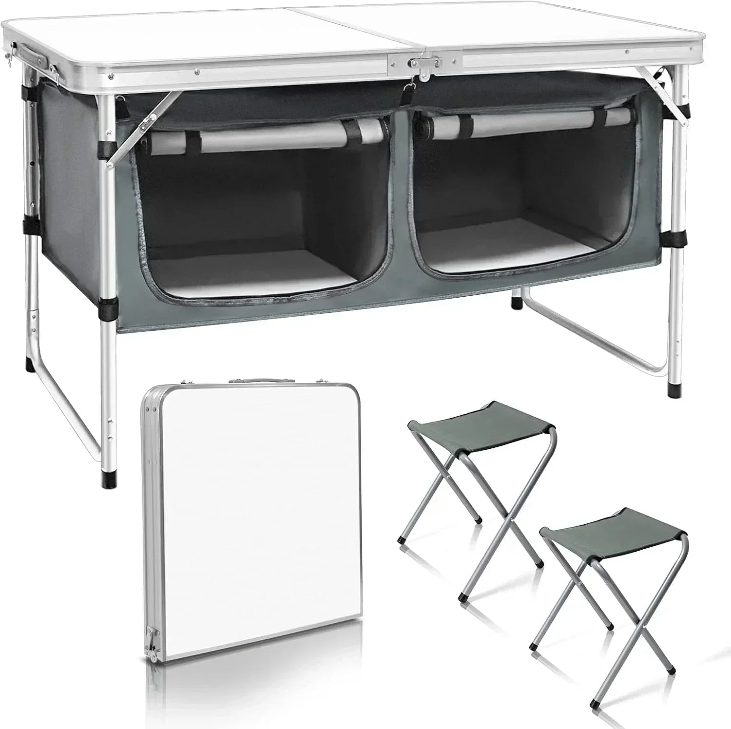 Outdoor Folding Table Aluminum Lightweight Height Adjustable with Storage Organizer