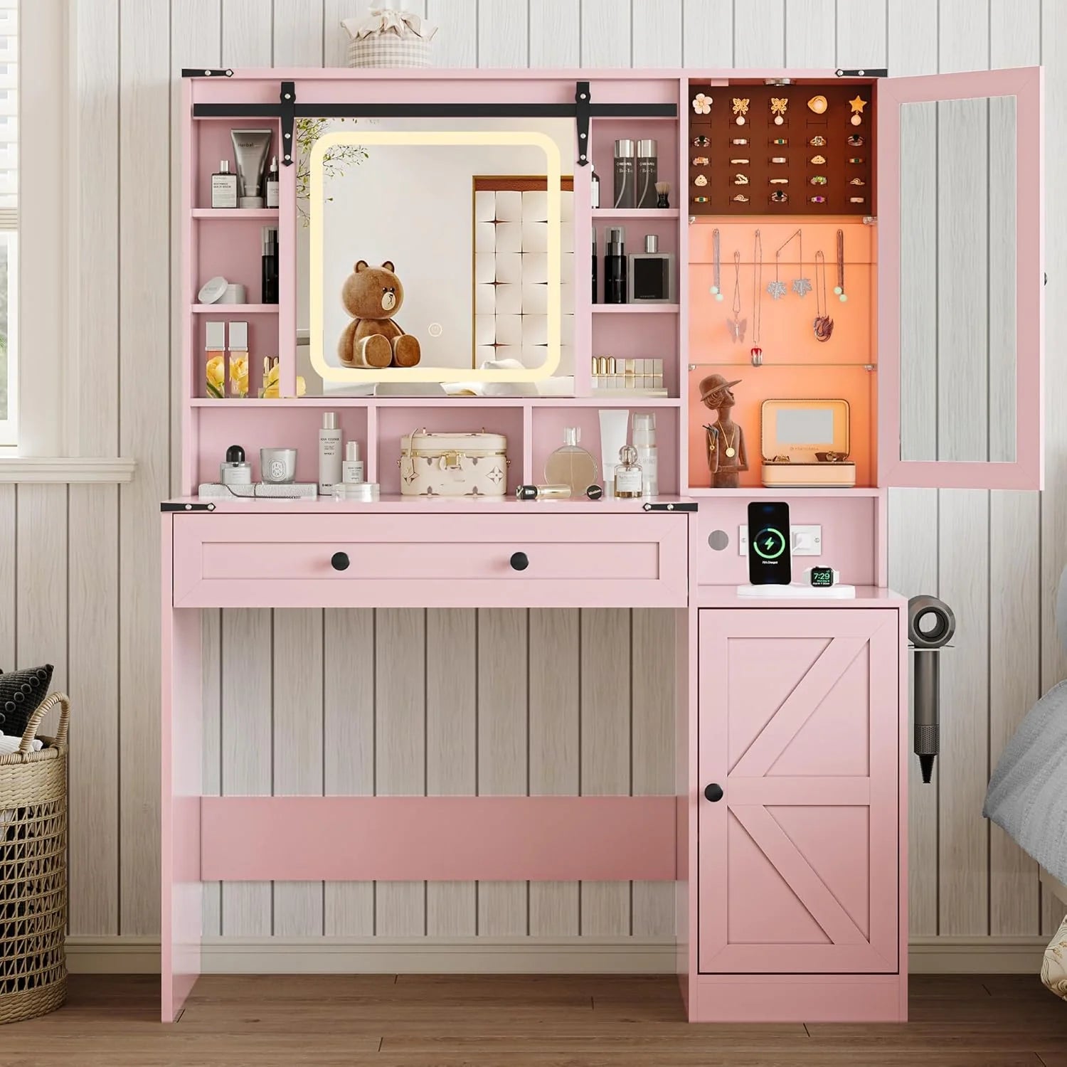 Vanity Desk with LED Lights Mirror & Power Outlet, Small Makeup Vanity Table Set