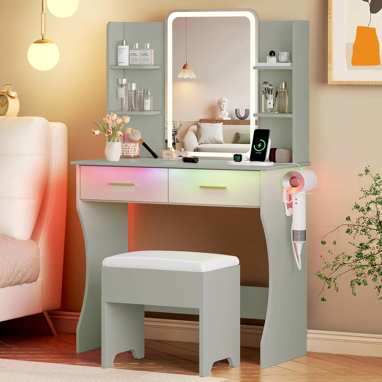 Vanity Desk with LED Lights Mirror & Power Outlet, Small Makeup Vanity Table Set
