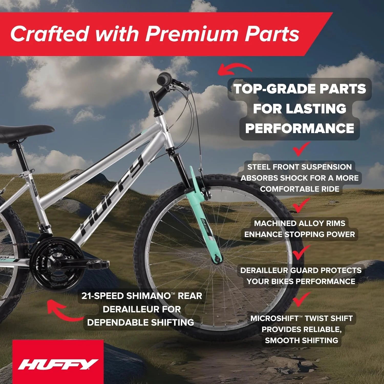Huffy Stone Mountain Hardtail Mountain Bike for Boys/Girls/Men/Women, 20/24/26 Sizes, 6 or 21 Speed Shimano Twist Shifting, Front or Dual Suspension, Comfort Saddle, Sleek Colors