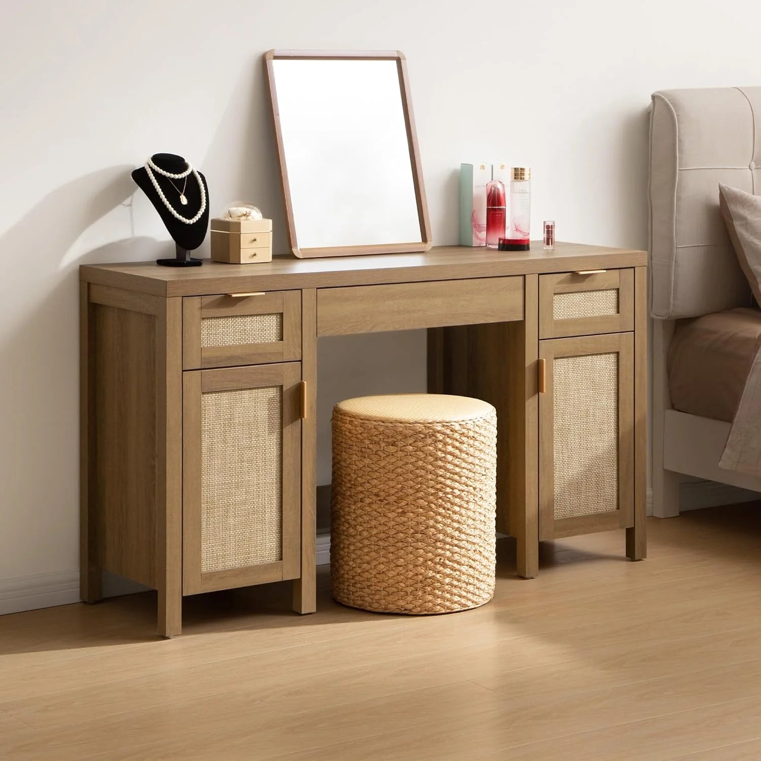 SICOTAS Rattan Vanity Home Office Desk - 52 Large Makeup Vanity Dressing Table
