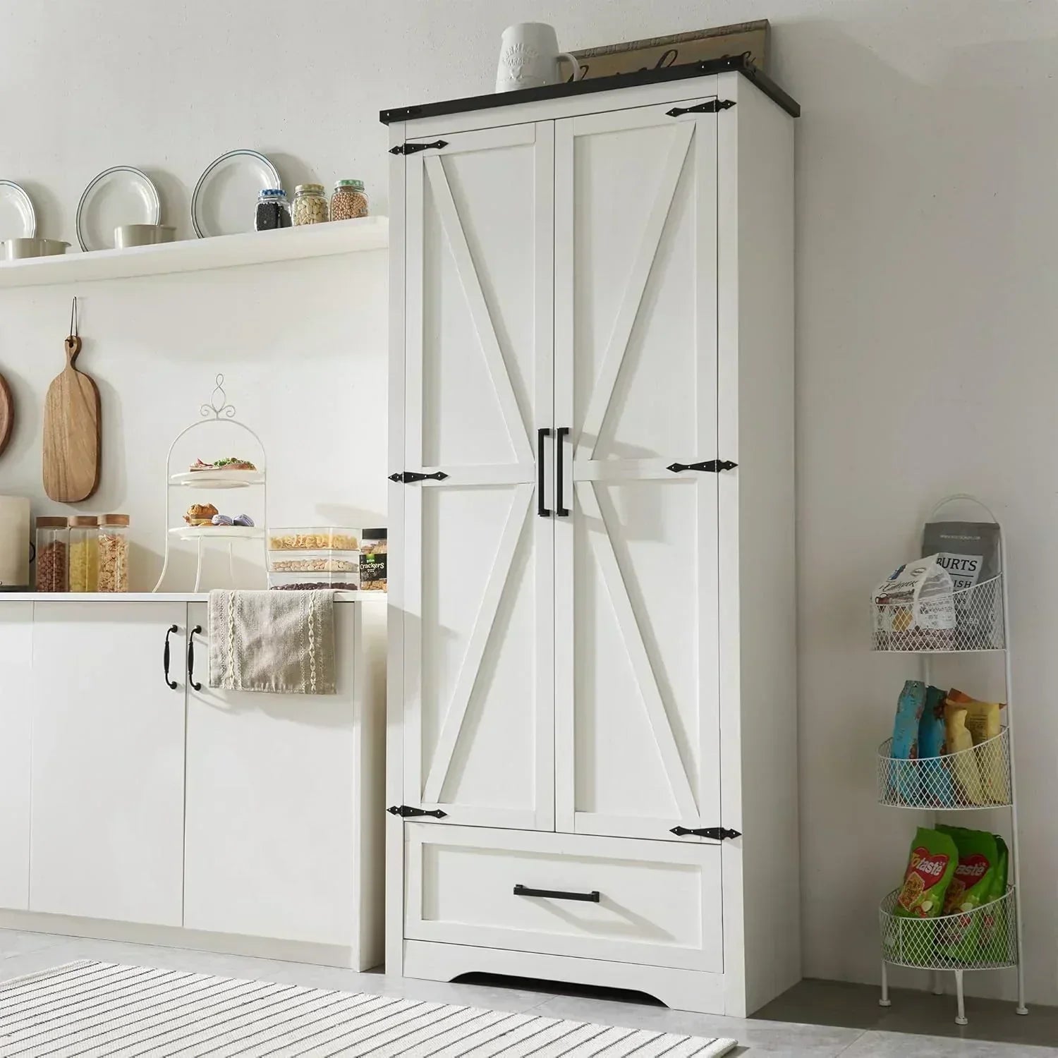 JXQTLINGMU Farmhouse Kitchen Pantry 72 Tall Wood Kitchen Storage Cabinet Adjustable Shelves