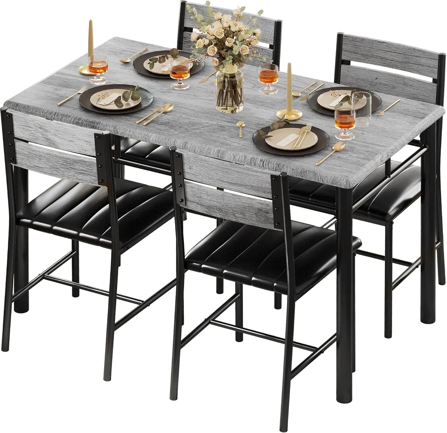 IRONCK Dining Table Set for 4 Wood Kitchen Table with Upholstered Chairs for Kitchen Room