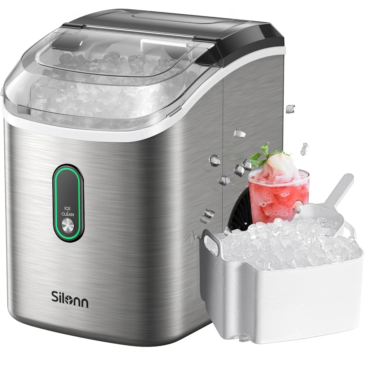 Nugget Ice Maker Countertop, Silonn Chewable Pellet Ice Machine with Self-Cleanin Function, 33lbs/24H Portable Ice Makers for Home Kitchen Officce, Black