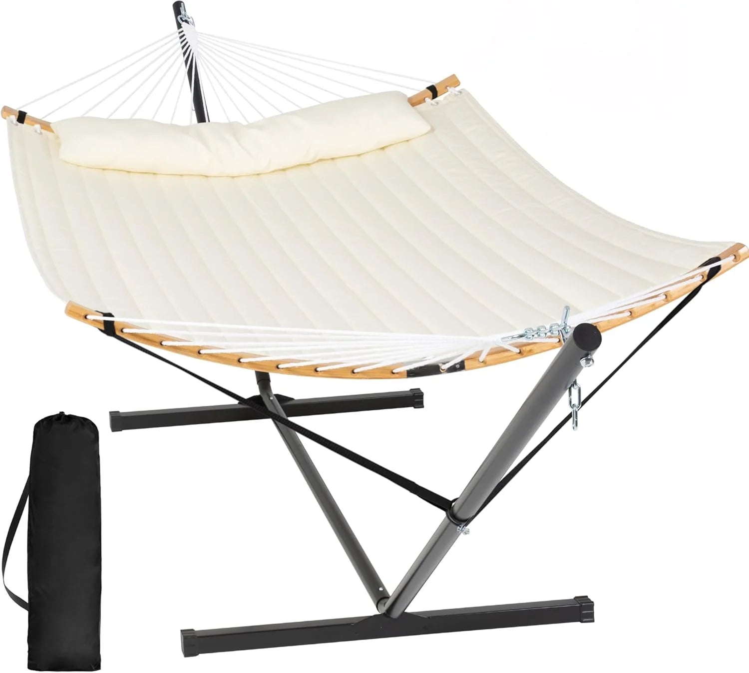 SUNCREAT Double Portable Hammock with Stand 2 Person Hammock with Curved Spreader Bar
