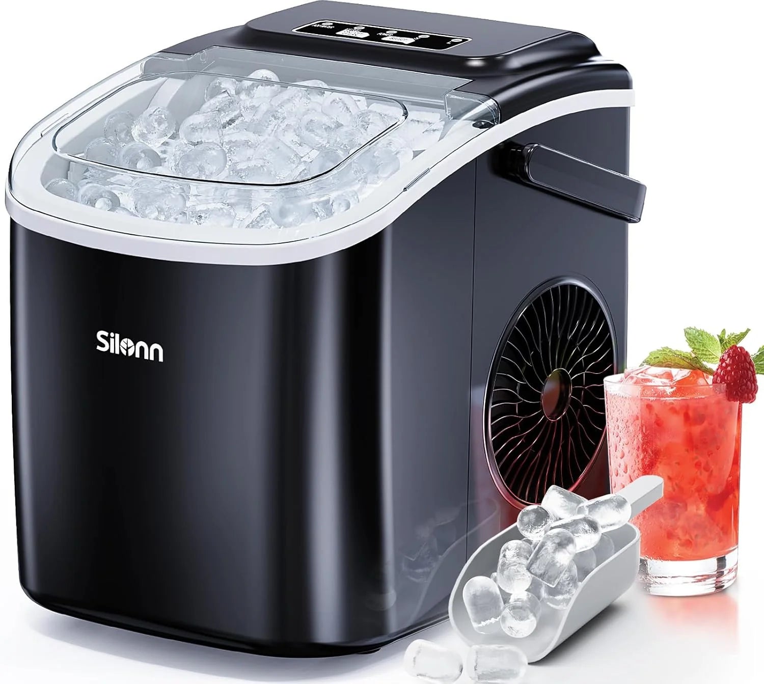 Silonn Countertop Ice Maker, 9 Cubes Ready in 6 Mins, 26lbs in 24Hrs, Portable Ice Machine with Self-Cleaning, 2 Sizes of Bullet Ice for Home/Kitchen/Party/RV, Black
