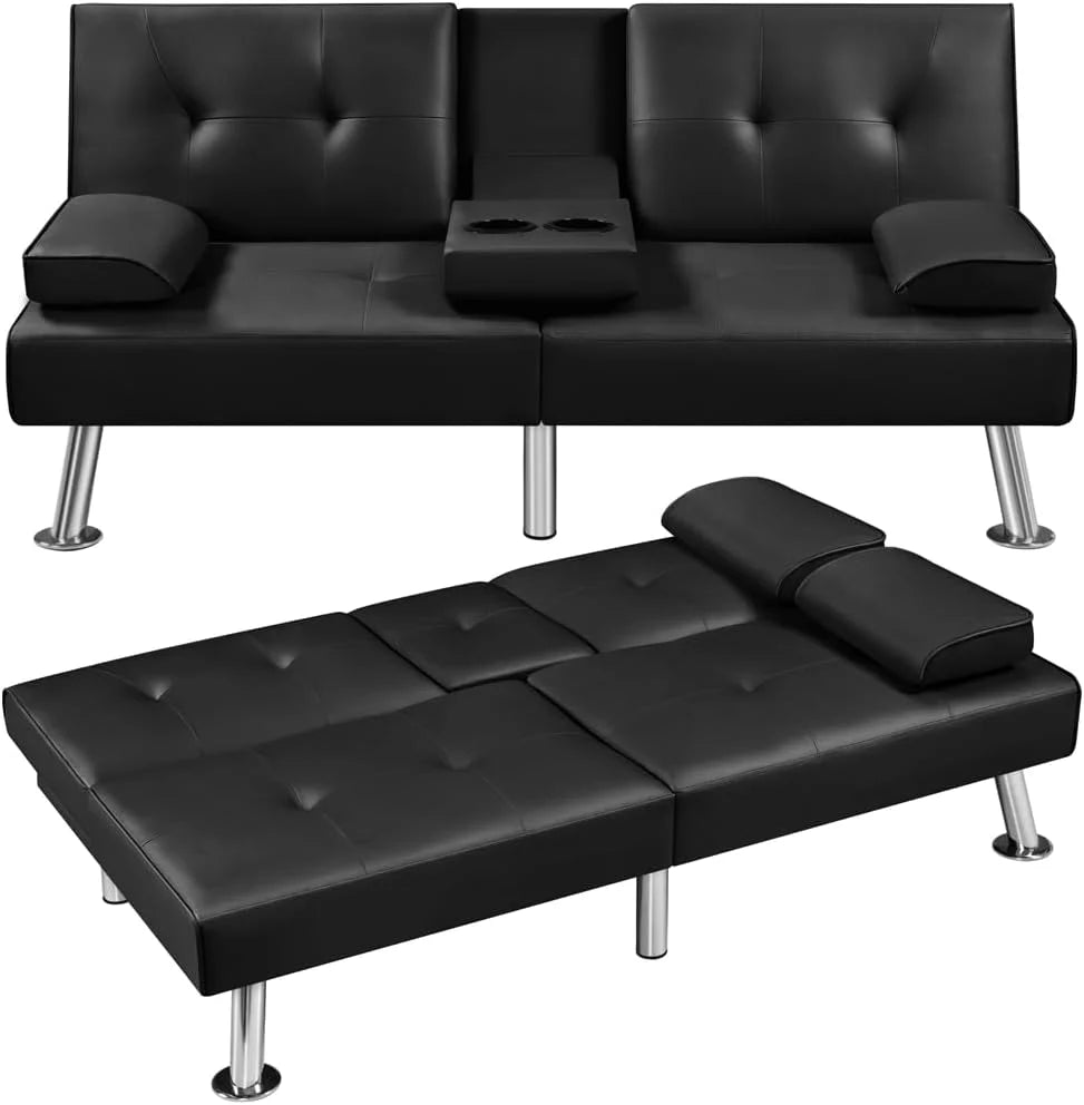 Yaheetech Convertible Sofa Bed Adjustable Couch Sleeper Modern Faux Leather Home Recliner Reversible Loveseat Folding Daybed Guest Bed, Removable Armrests, Cup Holders, 3 Angles, 772lb Capacity, Brown