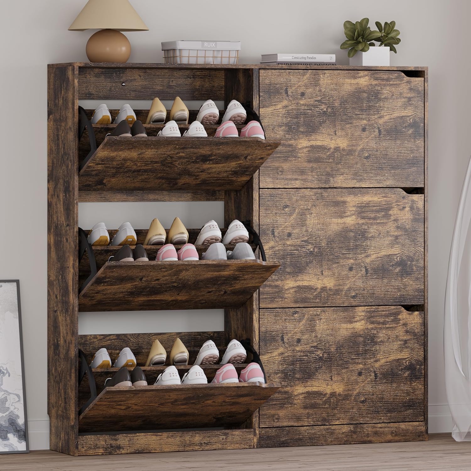 Shoe Cabinet with 3 Flip Drawers Hidden Wood Shoe Cabinet Freestanding Shoe Storage Cabinet