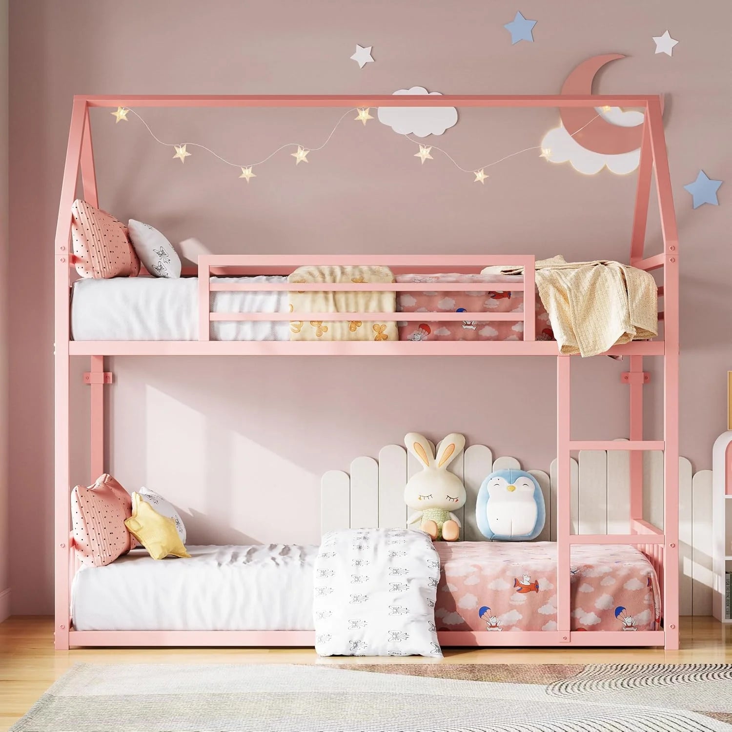 LIKIMIO Bunk Bed Twin Over Twin House Bunk Bed Frame Guardrail House Shaped Metal Slats