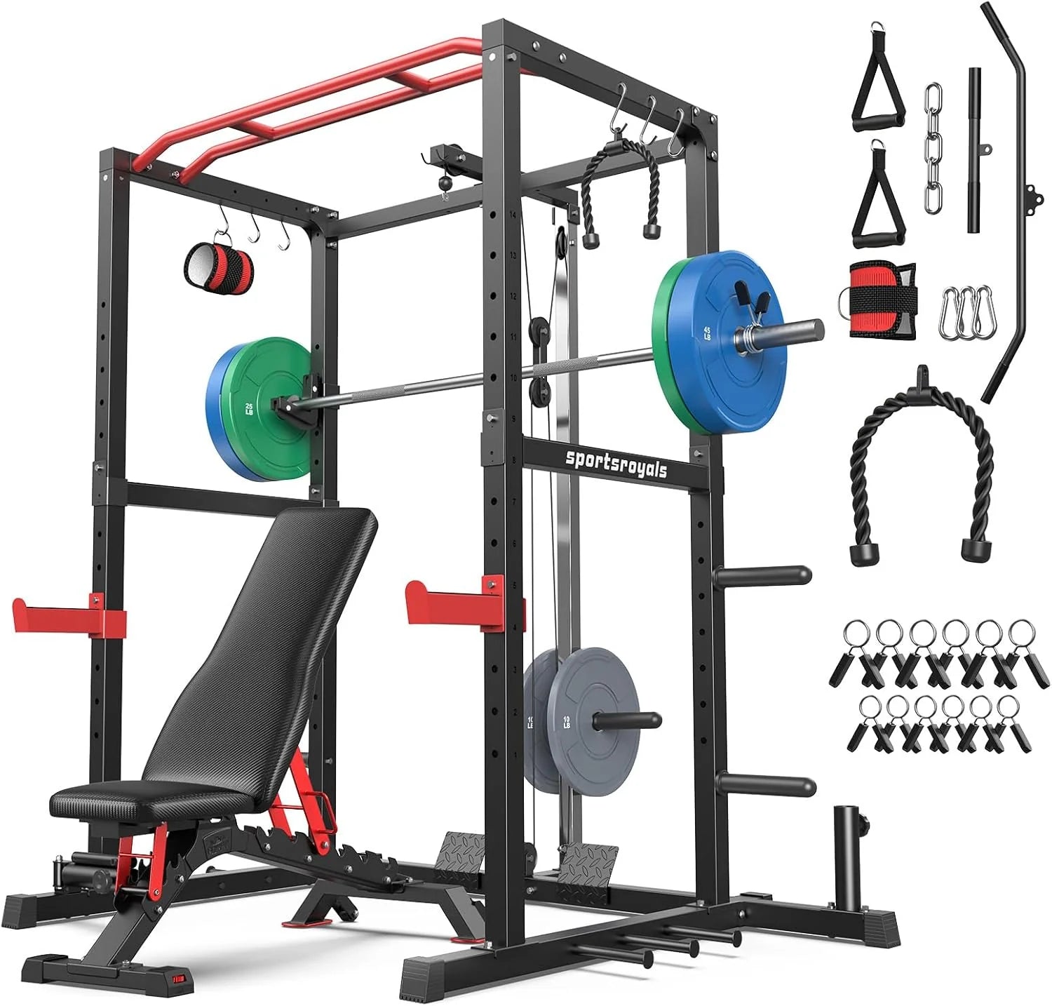 Sportsroyals Squat Rack, LAT Power Cage, Power Rack Multi-Function with Pulley System