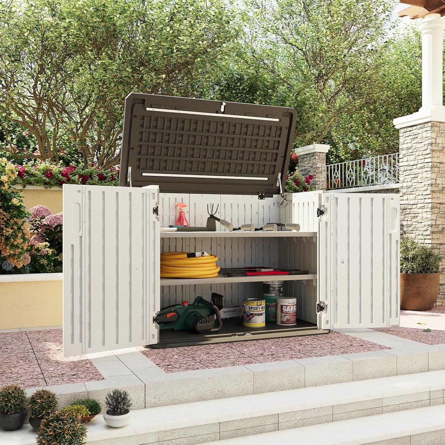 Oxun Outdoor Storage Shed, 64 Cubic Feet Vertical Storage Shed Outdoor with Floor