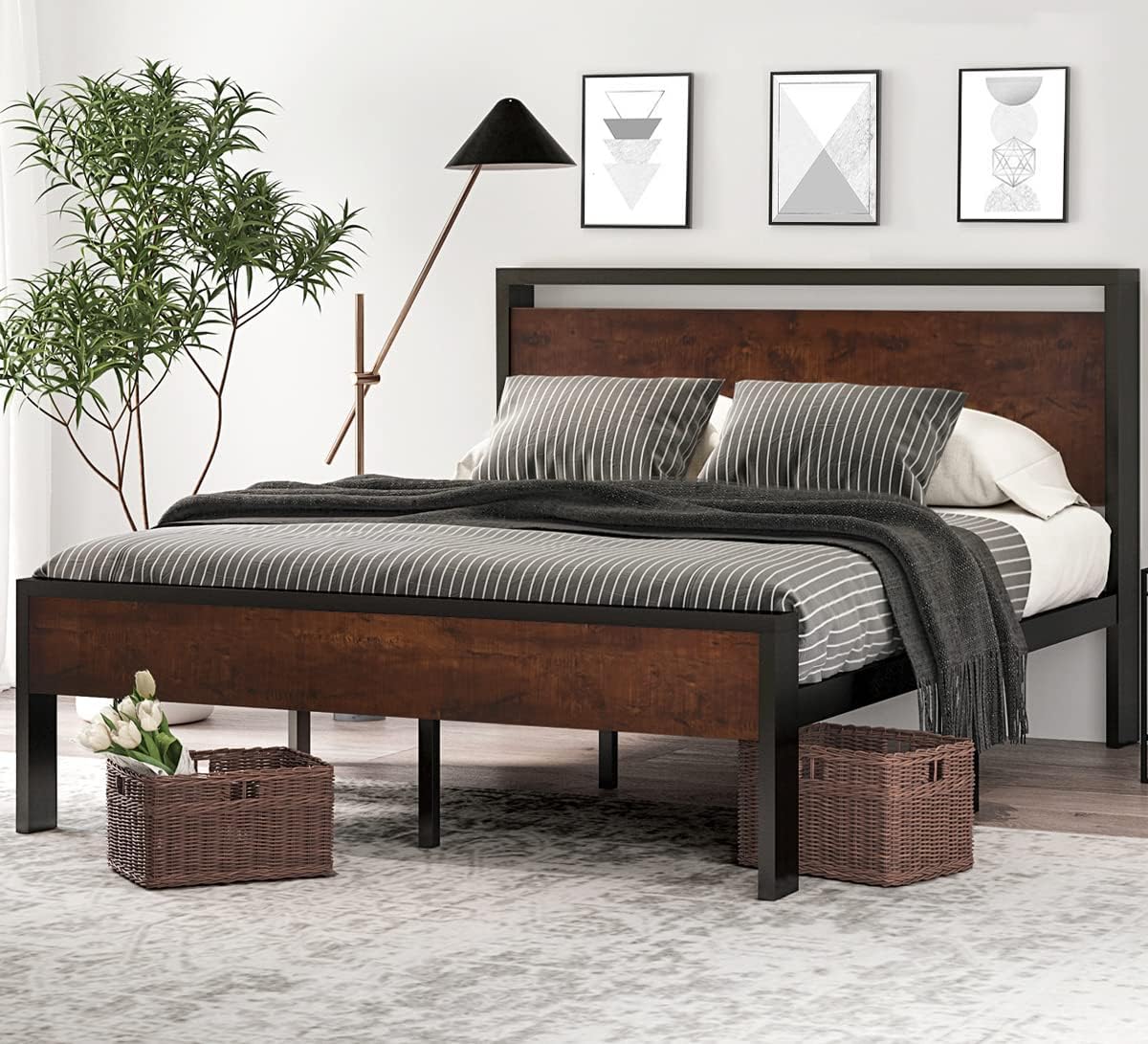 SHA CERLIN 14 Inch Full Size Metal Platform Bed Frame with Wooden Headboard and Footboard