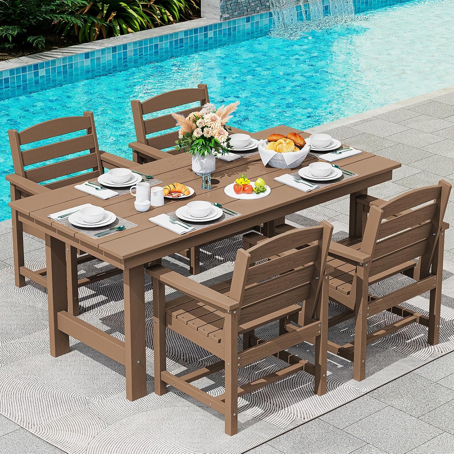 SERWALL 7-Piece Patio Dining Table Sets, Outdoor HDPE Dining Furniture Set with Umbrella Hole Cut-Out Table and 6 Chairs, Blue