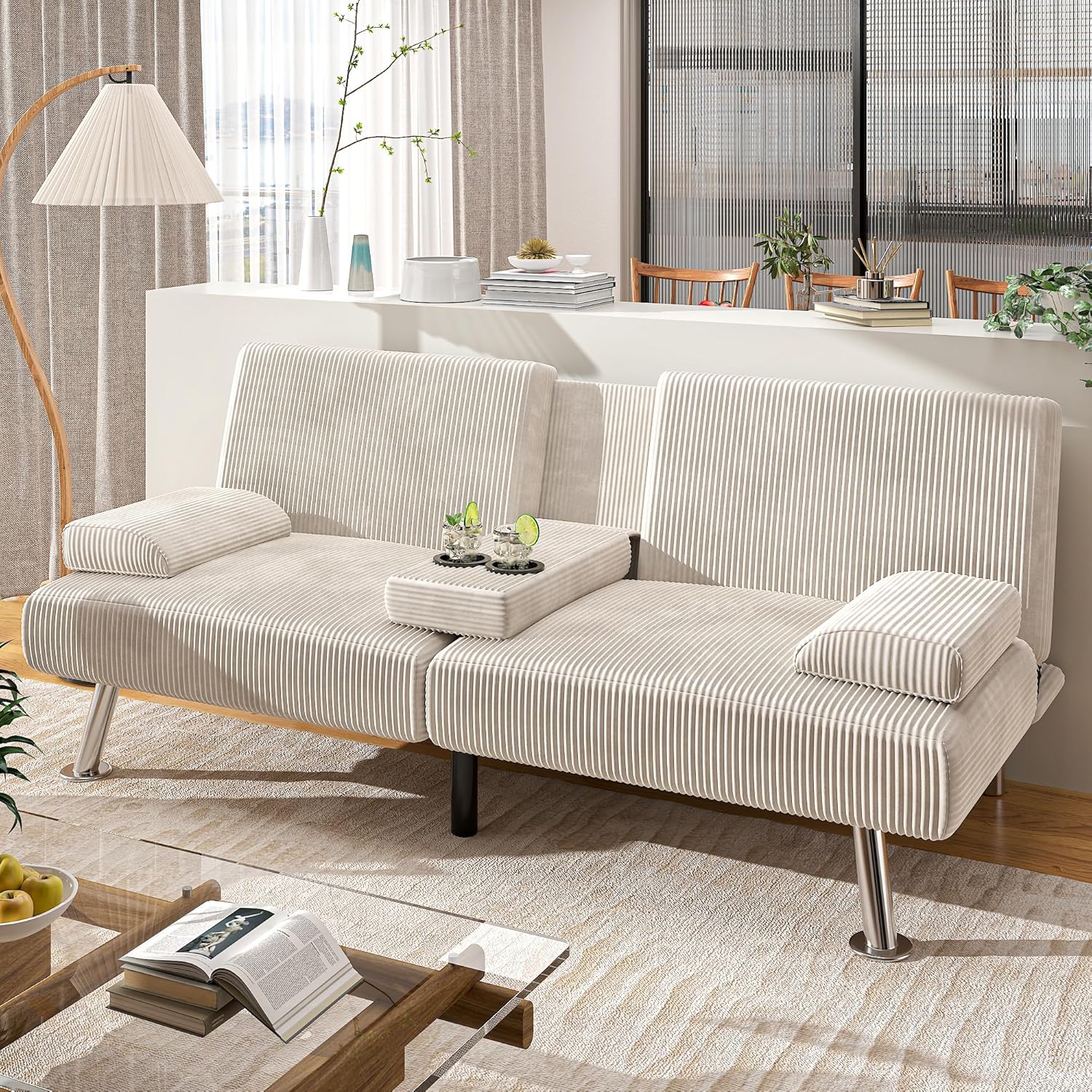 Shahoo Modern Linen Upholstered Convertible Folding Futon Sofa Bed with Removable Armrests