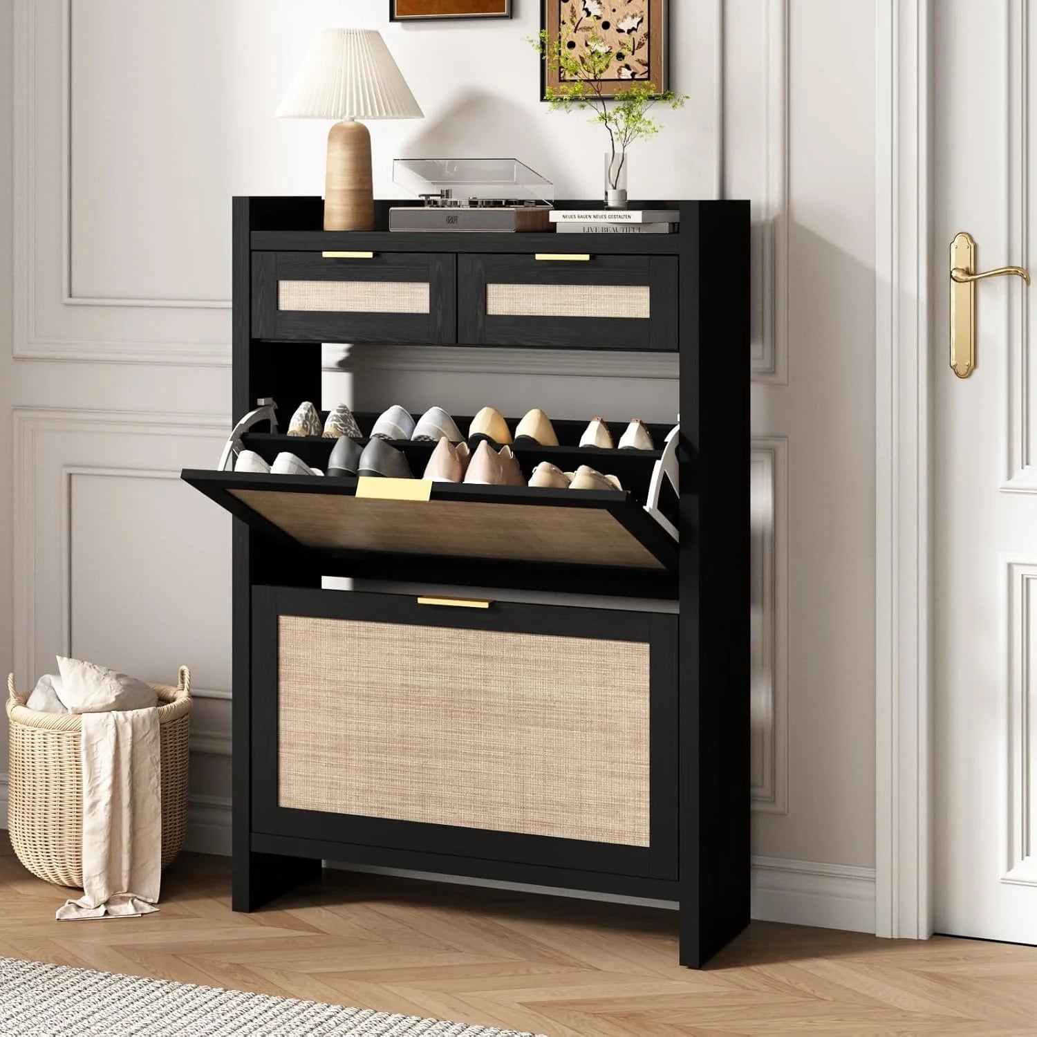Large Rattan Shoe Storage Cabinet with 4 Flip Drawers & 2 Storages–Hidden Slim Shoe Organizer