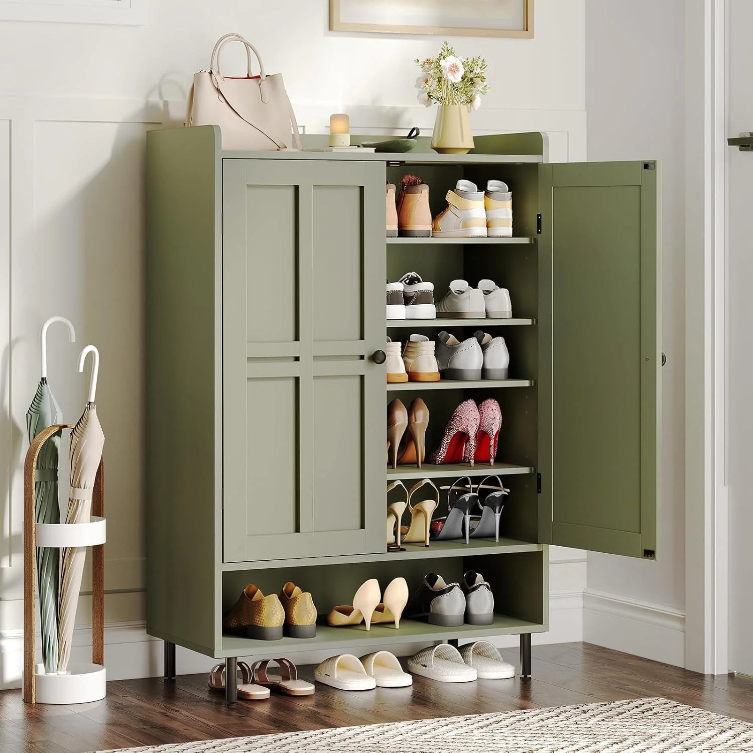 ONBRILL Shoe Storage Cabinet with Cross Molding Doors, 6-Tier Farmhouse Shoe Cabinet