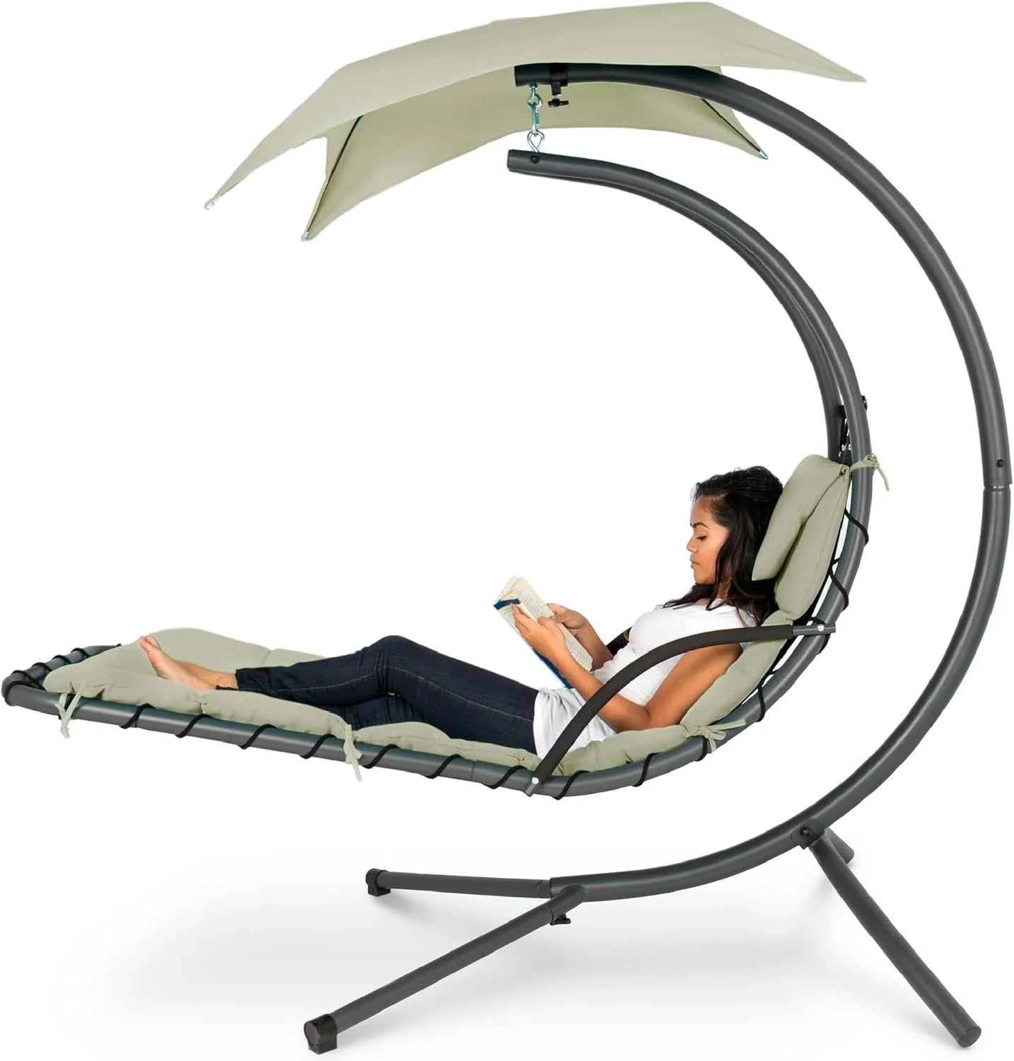 Best Choice Products Outdoor Hanging Curved Steel Chaise Lounge Chair Swing w/Built-in Pillow and Removable Canopy - Charcoal Gray