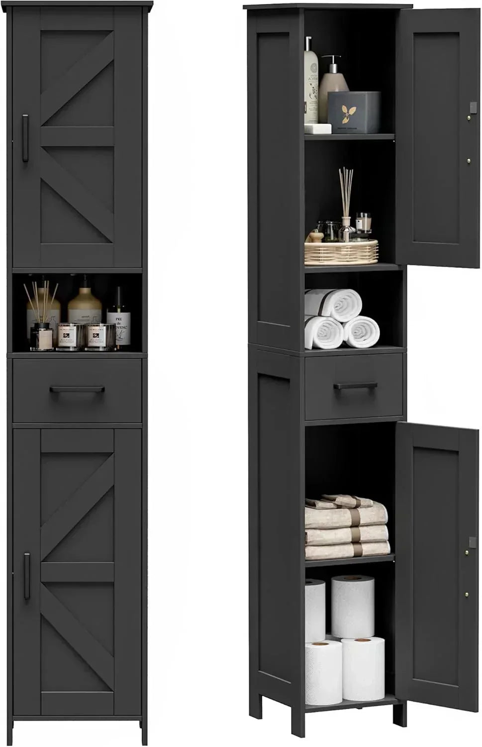 Homhedy 67 H Tall Bathroom Storage Cabinet with 2 Barn Doors and 1 Drawer Narrow Storage Unit