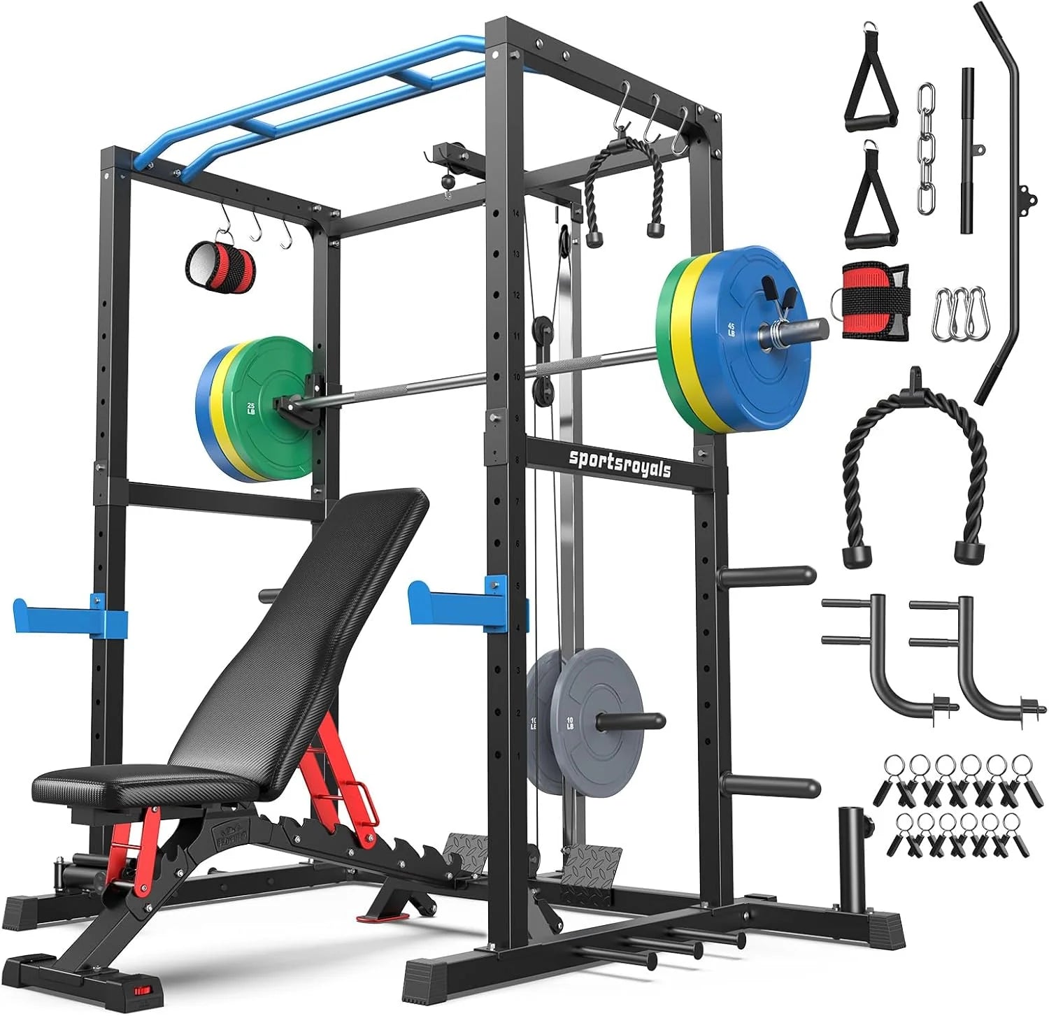 Sportsroyals Squat Rack, LAT Power Cage, Power Rack Multi-Function with Pulley System