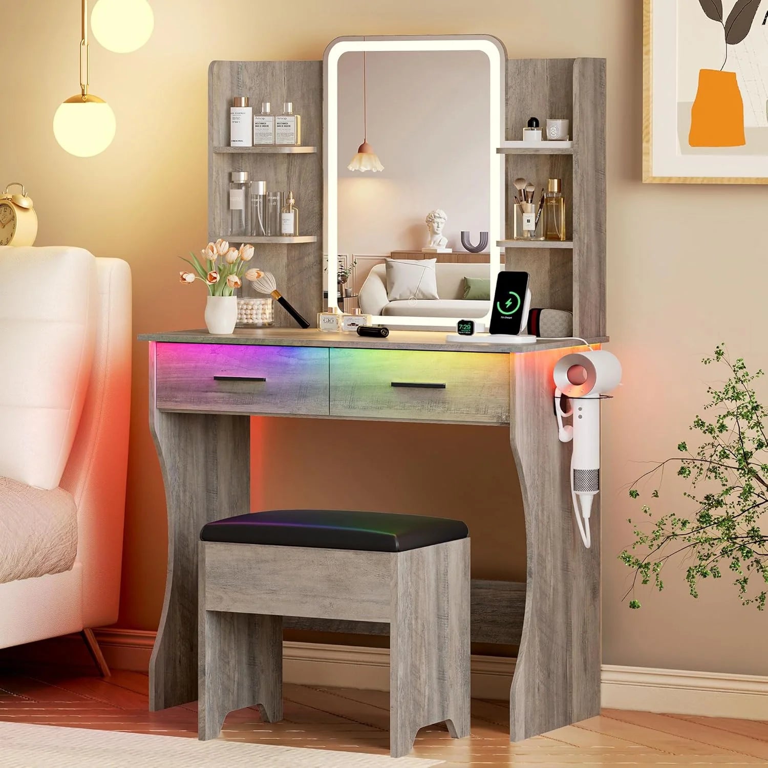 Vanity Desk with LED Lights Mirror & Power Outlet, Small Makeup Vanity Table Set
