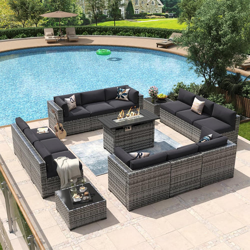 Aoxun 8 Piece Patio Furniture Set with 44?Fire Pit Table Wicker Rattan Outdoor Sectional Sofa Set with Coffee Table and Thickened Cushions, Beige (Waterproof Cover Included)
