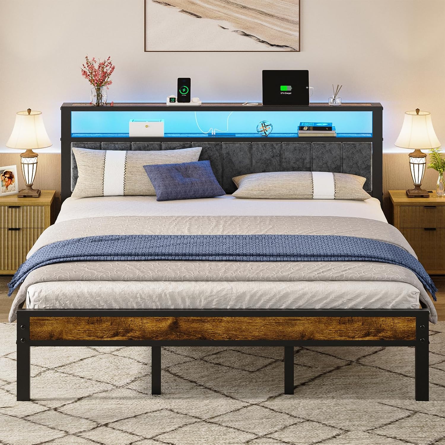 Queen Size Bed Frame with 2-Tier Storage Shelves Headboard Platform Bed with Charging Station