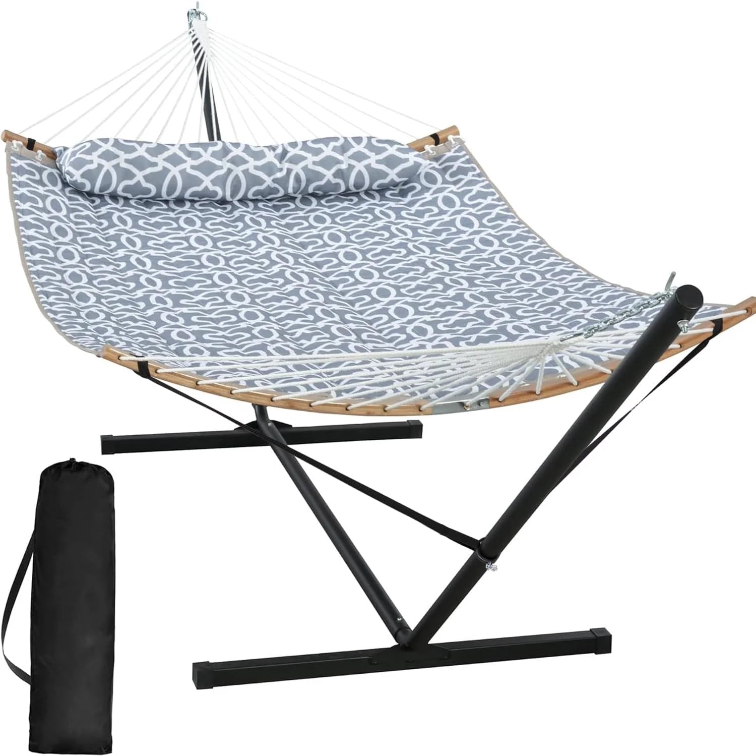 SUNCREAT Double Portable Hammock with Stand 2 Person Hammock with Curved Spreader Bar