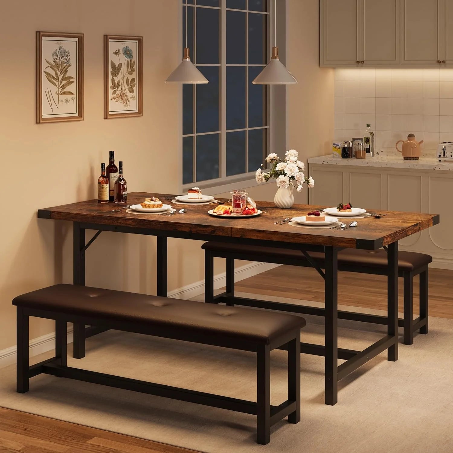 IDEALHOUSE 3 Piece Dining Table Set 63 Thick Metal Frame Kitchen Table Wooden Dinette Table Set