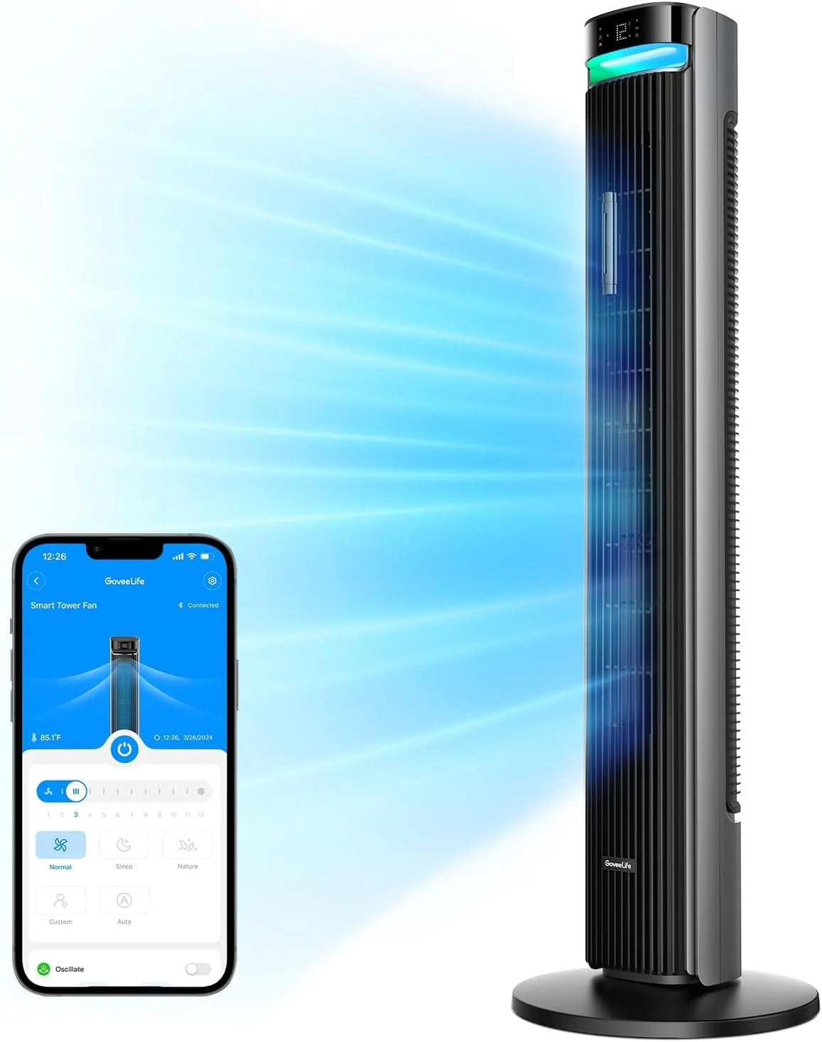 GoveeLife 42'' Tower Fan for Bedroom, Smart Floor Fans with 150�� Adjustable Oscillating, APP & Voice Control, 5 Modes 12 Speeds up to 26ft/s, 24H Timer, 27dB Quiet Fan for Cooling Home Office Silver