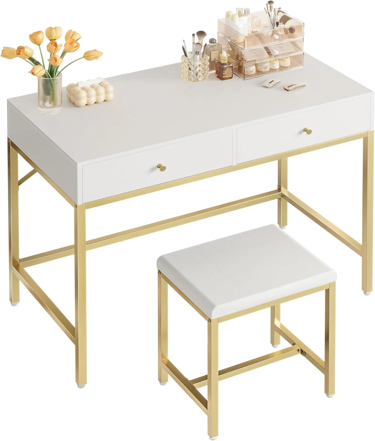 SUPERJARE 35.4 White and Gold Desk with 2 Drawers, Modern Makeup Vanity