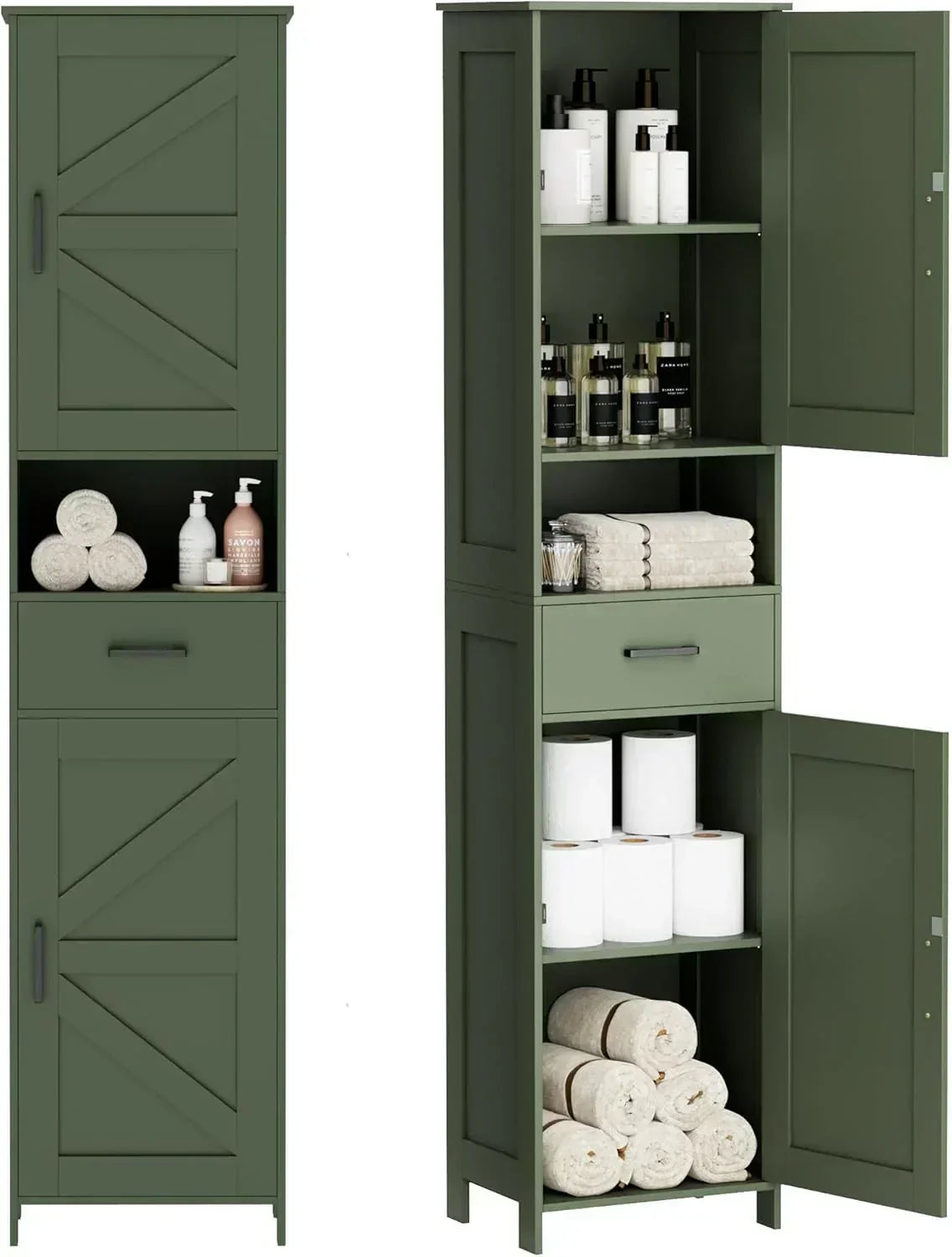 Homhedy 67 H Tall Bathroom Storage Cabinet with 2 Barn Doors and 1 Drawer Narrow Storage Unit