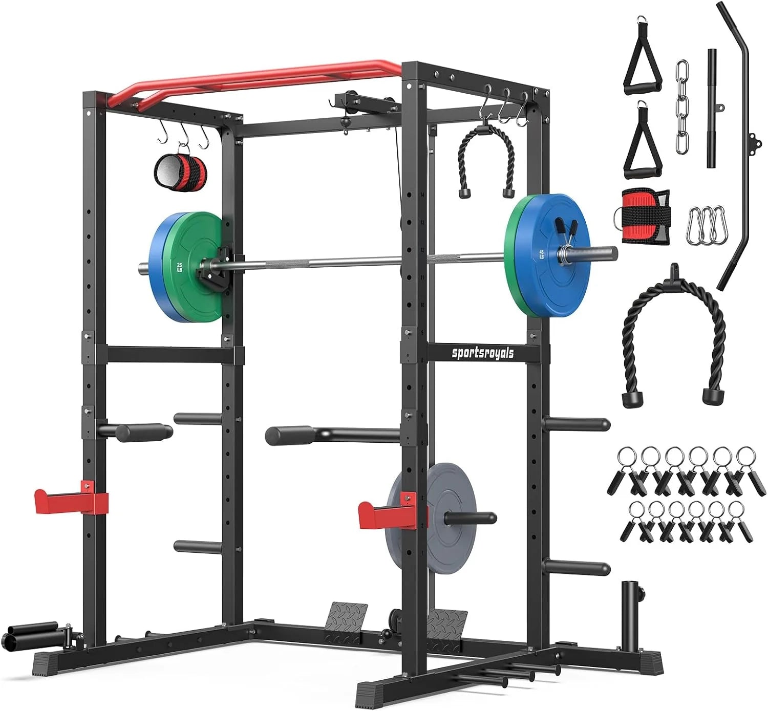 Sportsroyals Squat Rack, LAT Power Cage, Power Rack Multi-Function with Pulley System
